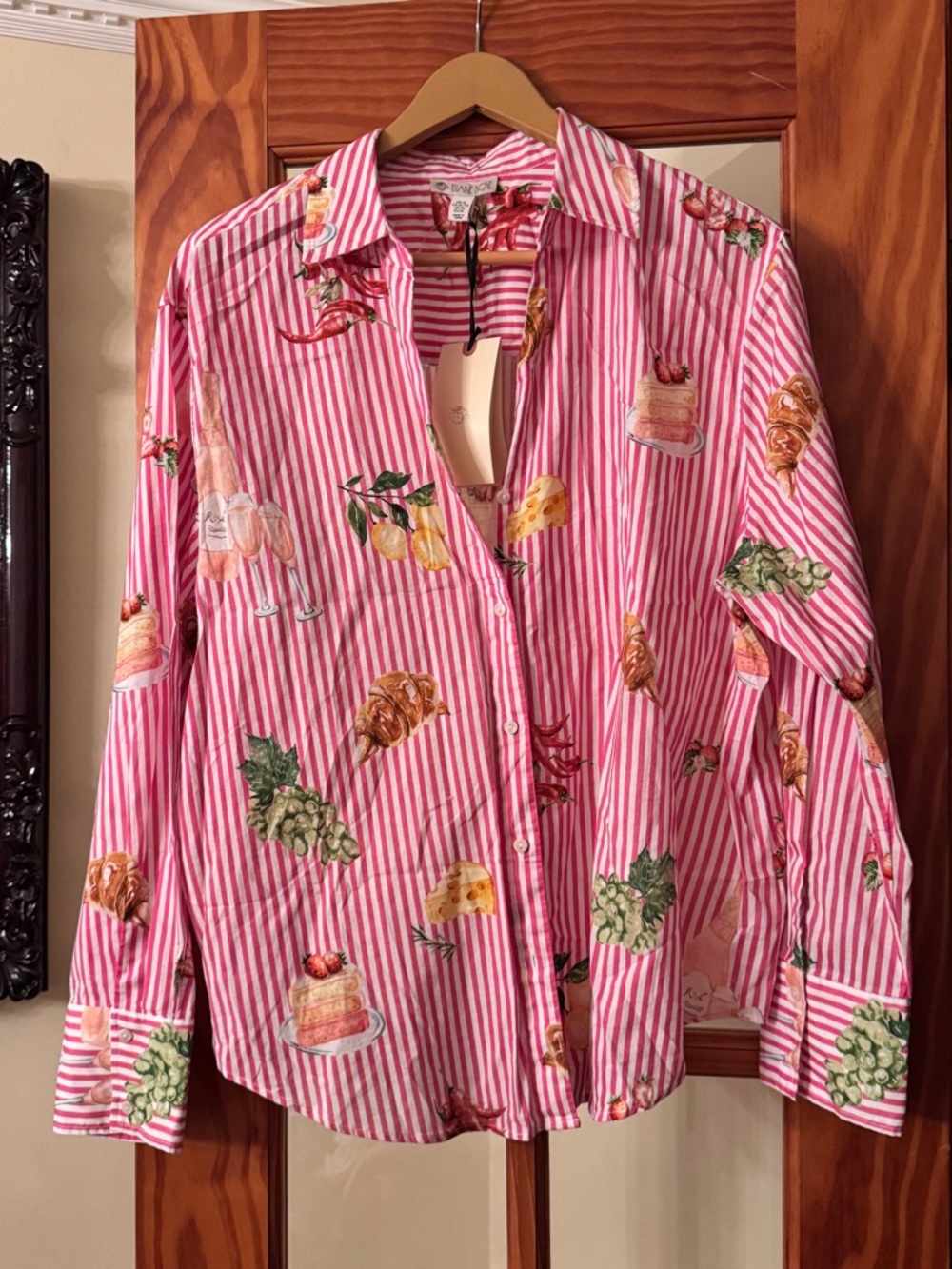 Final Sale! NWT Eliane Rose Pink & White Striped Button-Down with Fruit Print